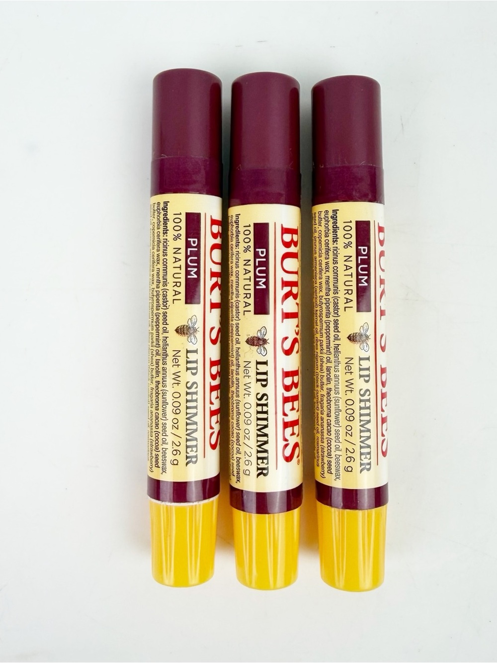 THREE Burt's Bees Lip Shimmer Plum Original Formula .09 oz ea Seals NOS